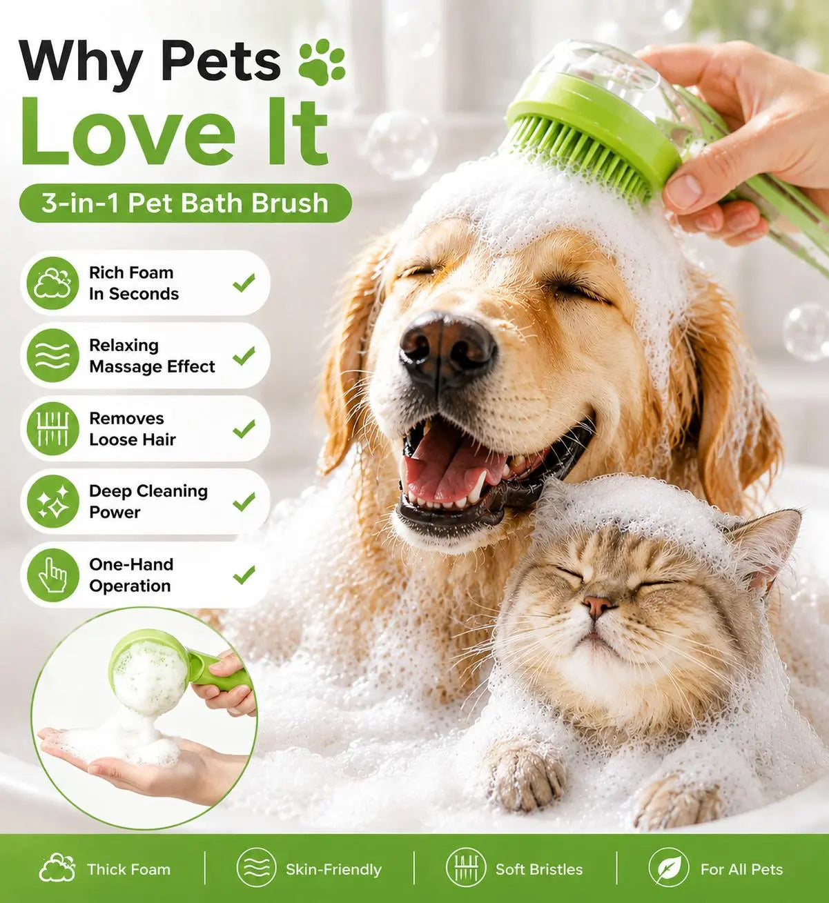 3-In-1 Pet Bath Brush with Shampoo Dispenser for Dogs & Cats, Ergonomic Handle, Gentle Massage Grooming Tool, Easy to Use, Essential Dog Bath Supply, Dog Bath Brush for Long and Short-Haired Dogs and Cats, Shower, Bath Accessory, Pet Shower, Pet, Bath Tim