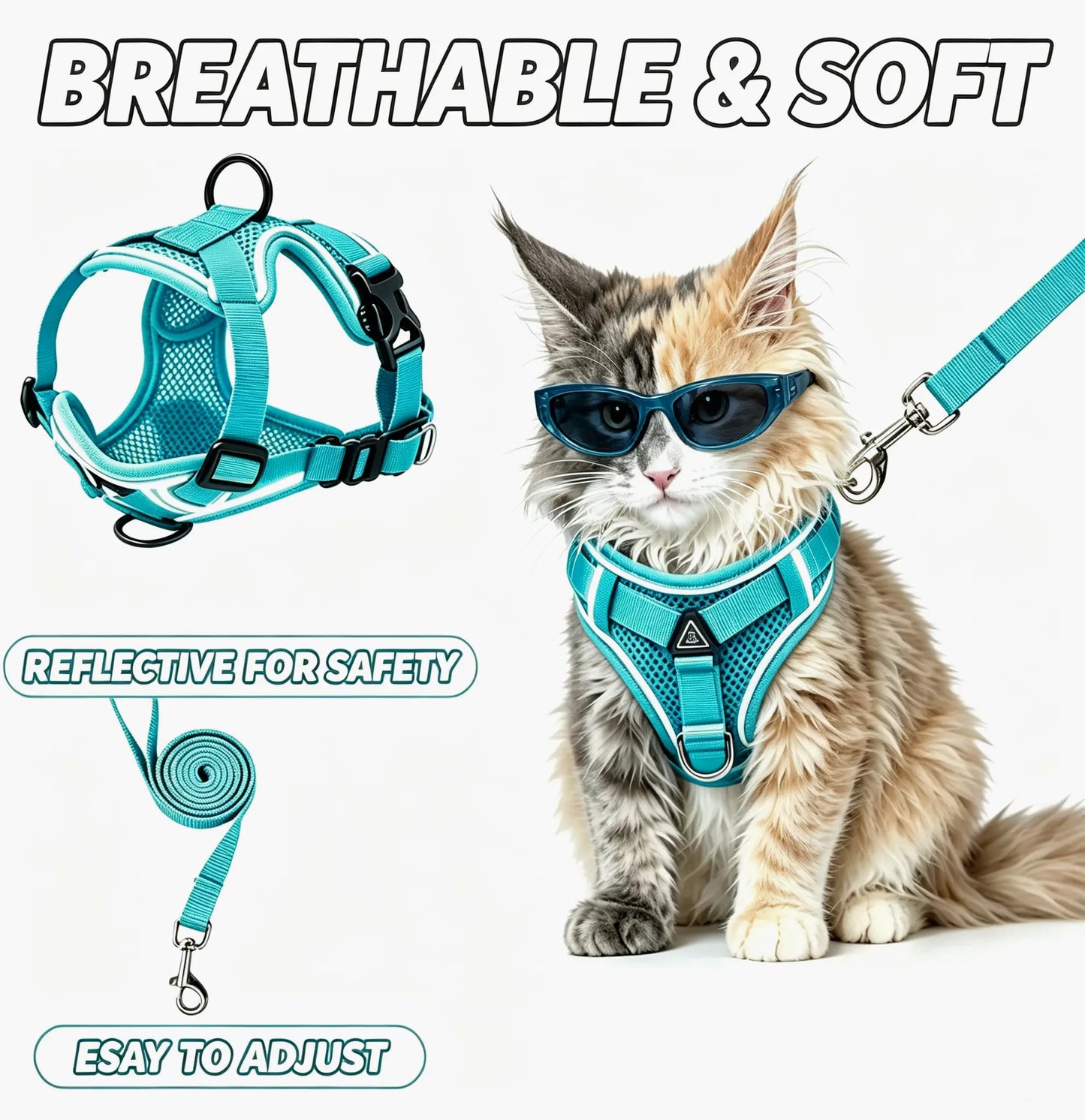Escape-Proof Cat Harness and Leash Set; Adjustable Size. Cat Leash and Collar Made from Comfortable, Breathable Materials with Adjustable Sizing. Reflective Strip, Soft Mesh Vest, Convenient for Safe Leash Walking. Includes a Summer Version; Breathable An